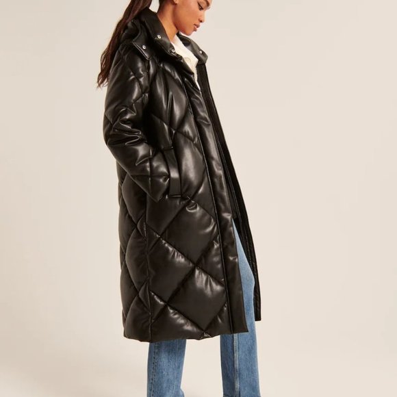 ❌SOLD ❌ NWT A&F Ultra Long Vegan Leather Quilted Puffer Coat SZ PETITE LARGE - Picture 5 of 12